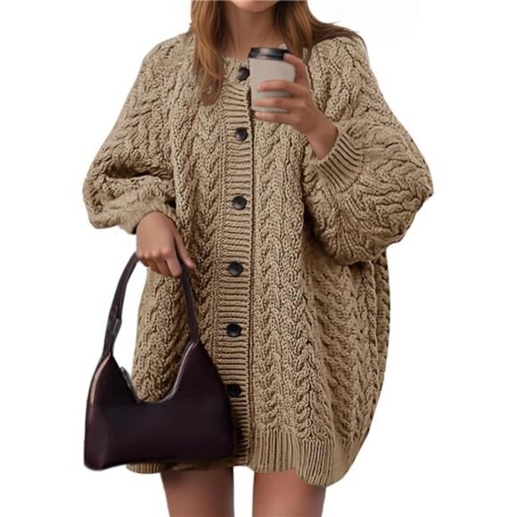 Women's Cable Knit Cardigans Oversized Chunky Button Down Long Lantern Sleeve - Picture 1 of 6